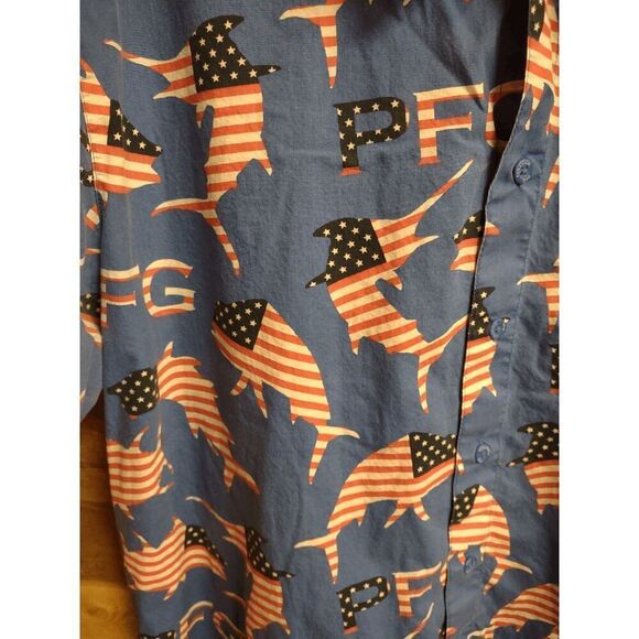 Columbia PFG Men's XL American Flag Fish Fishing Shirt 100% Cotton - Picture 3 of 4